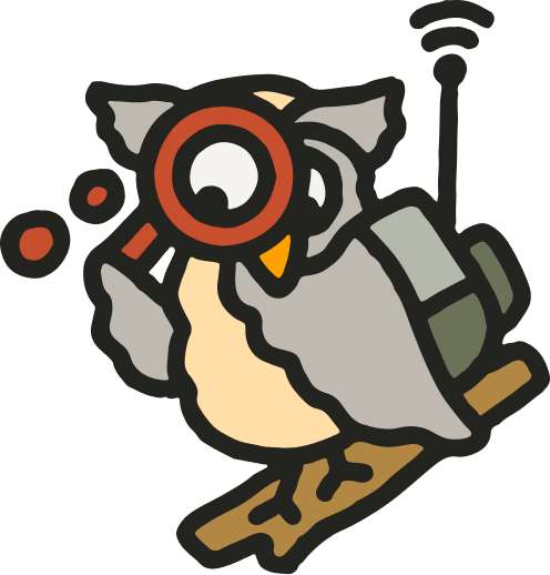 Graphic of an owl with a magnifying glass (the owl is a metaphor for you the camper looking for a campsite)