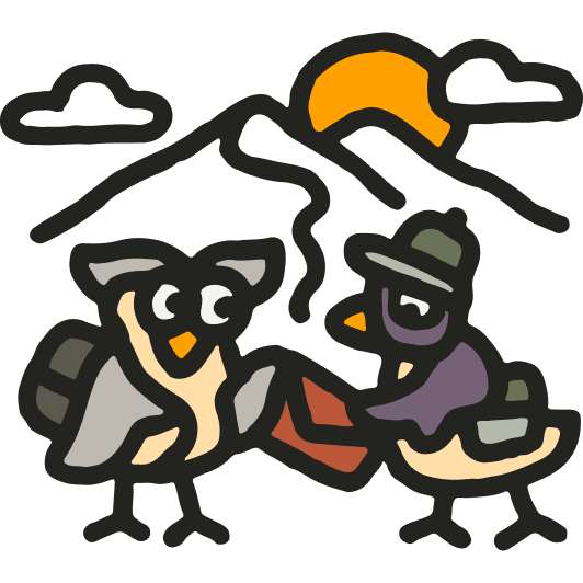 Graphic of an owl handing a carrier pigeon a note in front of a mountain (the carrier pigeon is a metaphor for hipcamp and the mail is a metaphor for a request to camp)