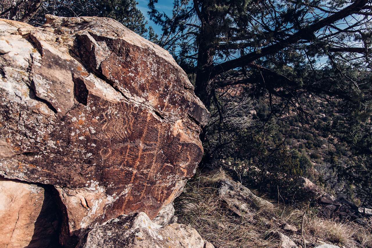 Native American petroglyphs outside the caves on the property