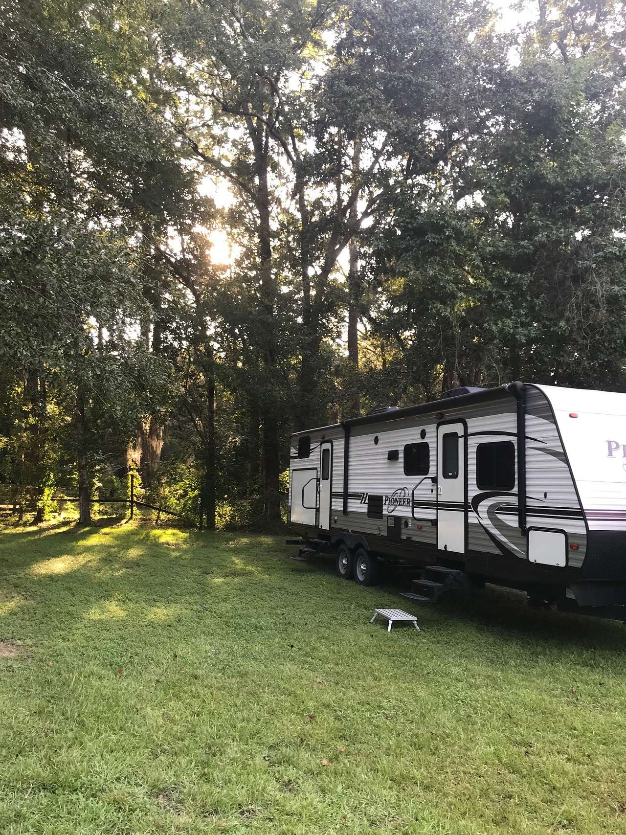 Shaded Site #1.  Sun is setting behind the trees in the background.