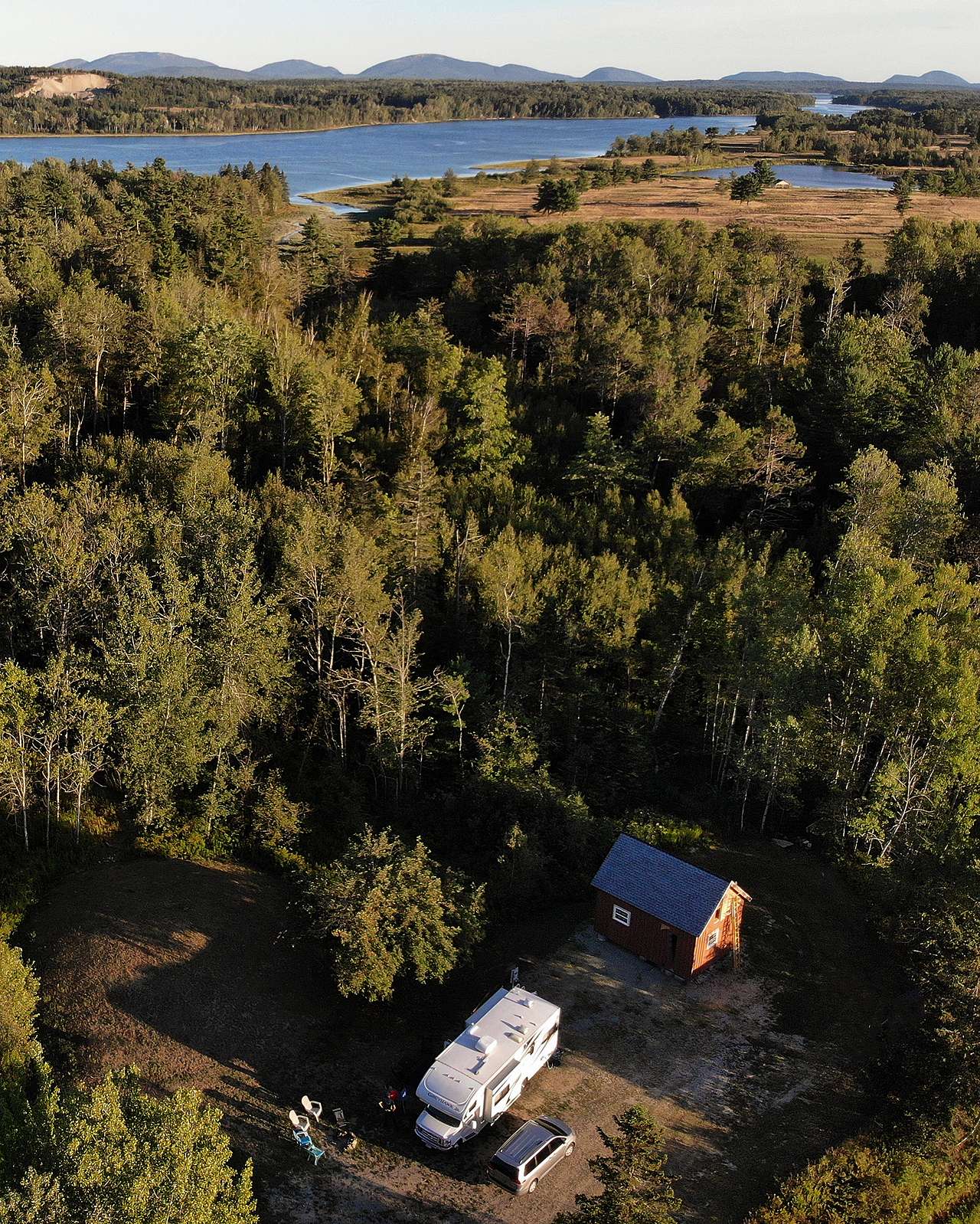  Aerial view of Ellie's RV spot including Airbnb cabin. Image by Daniel Seagull.