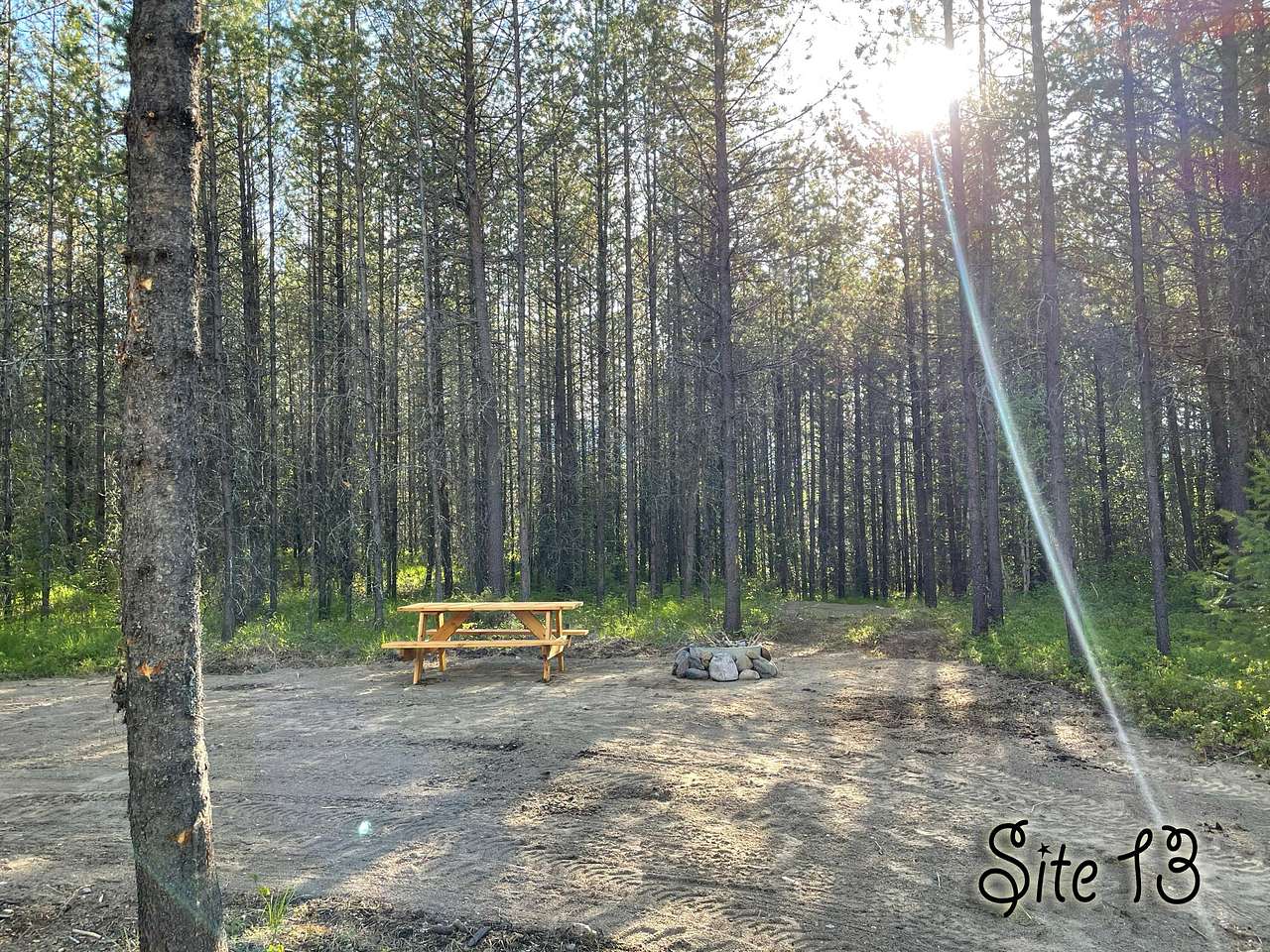 Site 13 has a pull through access and a sandy tenting spot further into the woods
