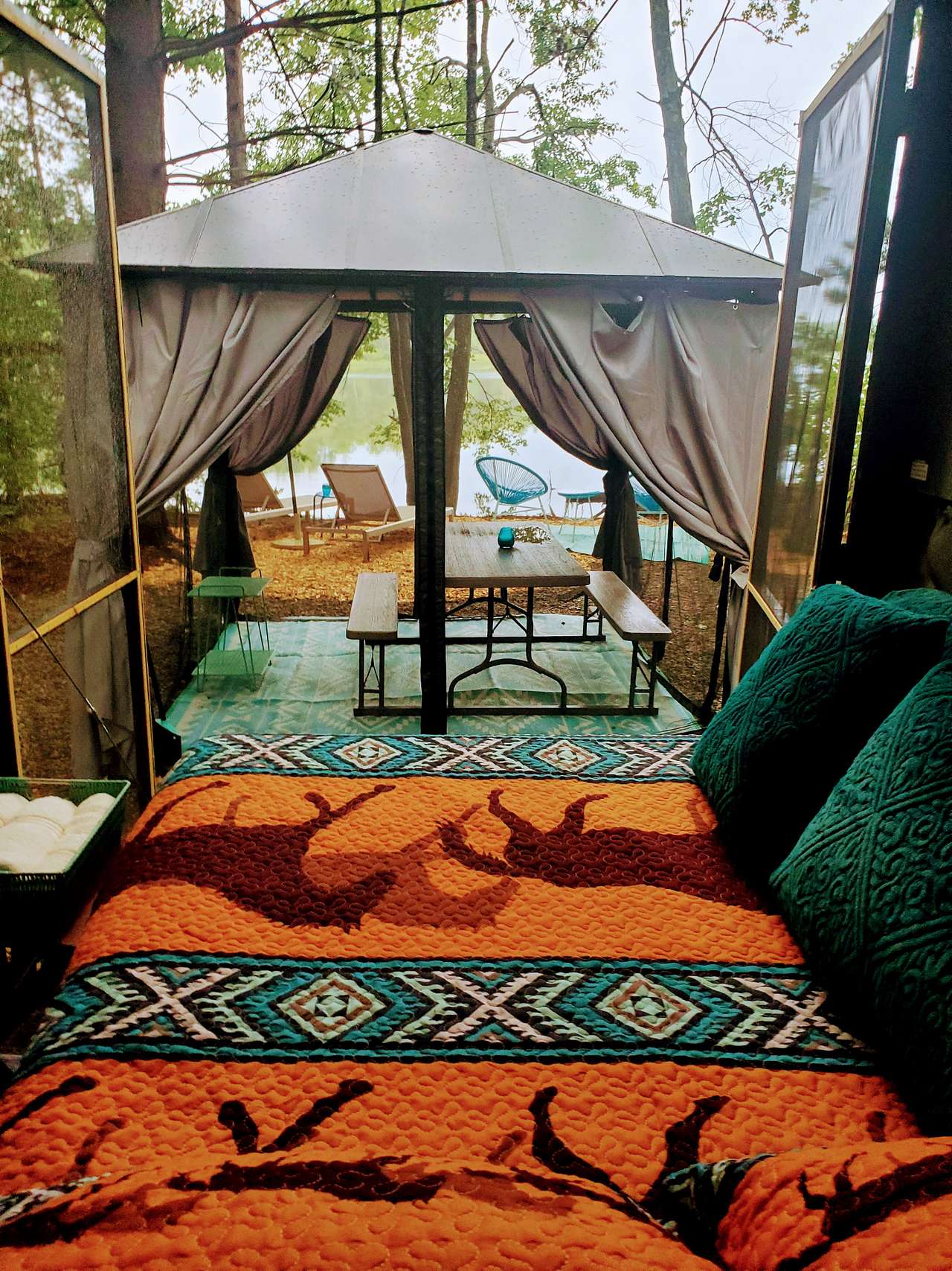 Inside the horse trailer looking out through Gazebo at the Waterfront.