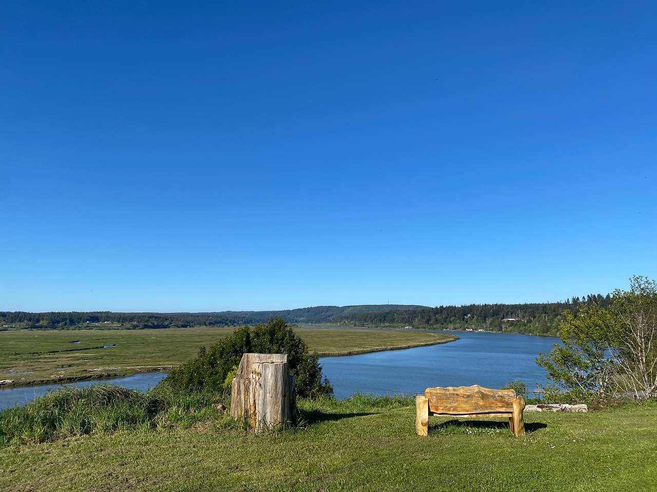 Prosper Bluff with river access site - river trail begins below the bench and stump throne