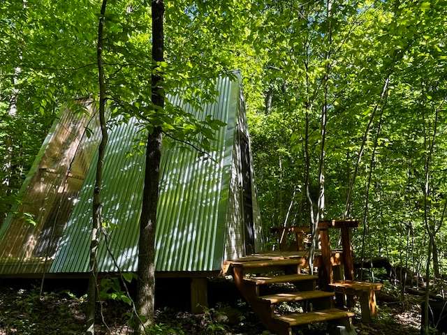 Chill on your small deck surrounded by trees.