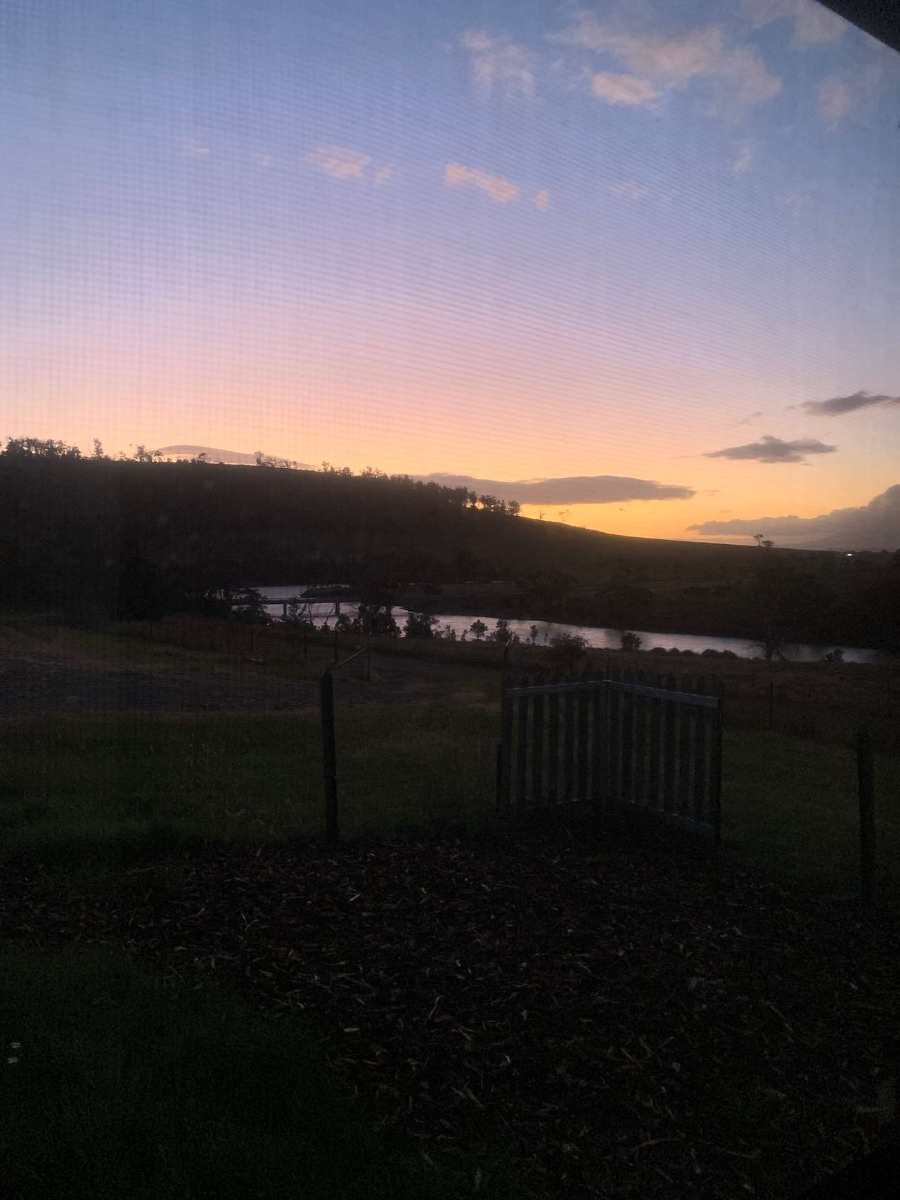 View from cabin window at sunset