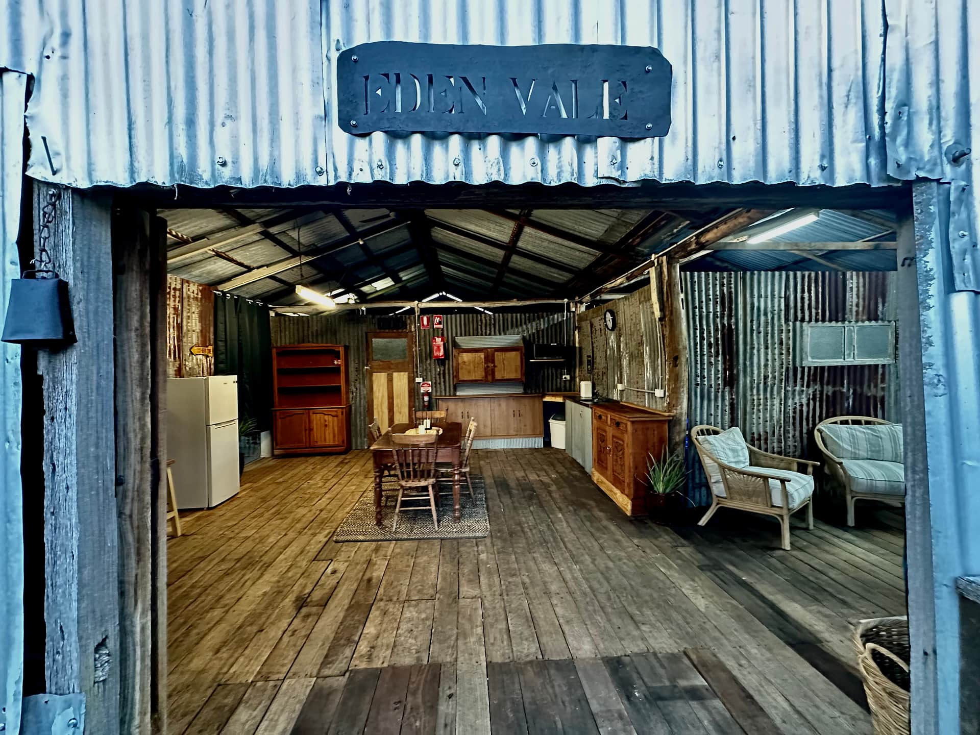 Walk into Eden Vale Shearing Shed from the deck and the outdoor fire cooking pit!