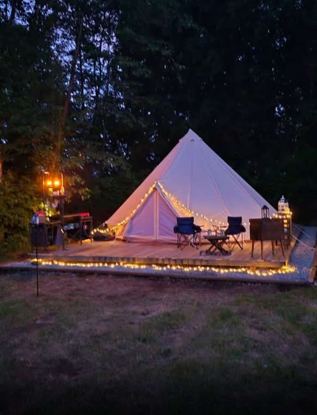 Night time view of site. Solar lights that turn on automatically