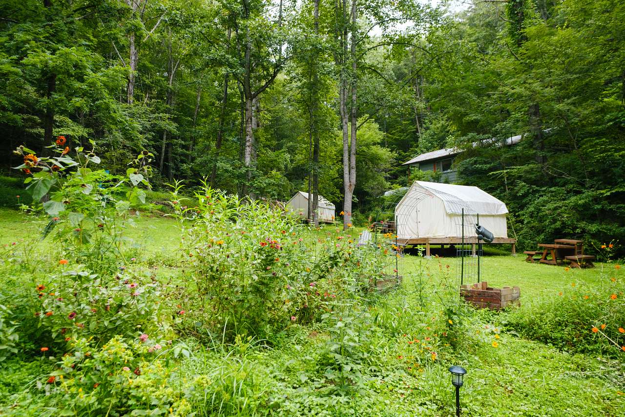meditation garden in front of the canvas tents!