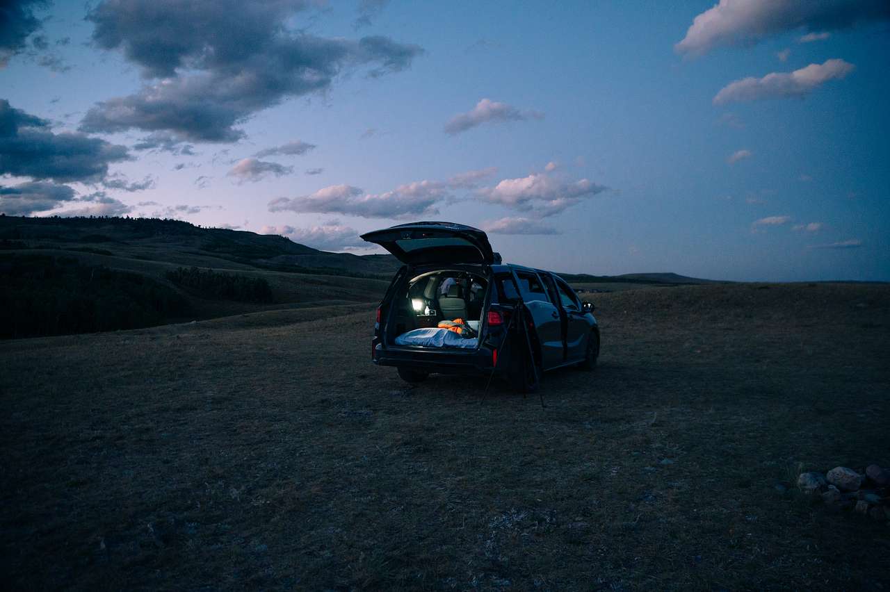 blue hour with our van on the hill