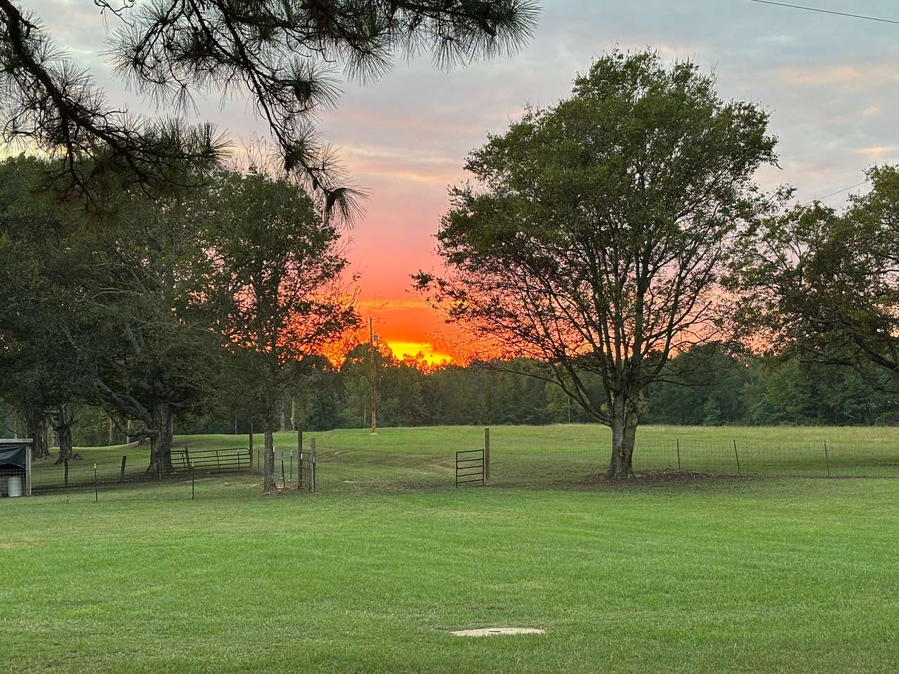 Sunset or Sunrise  
“Sunset over the pasture — wide Arkansas skies and peaceful evenings at Ranch & Retreat.”