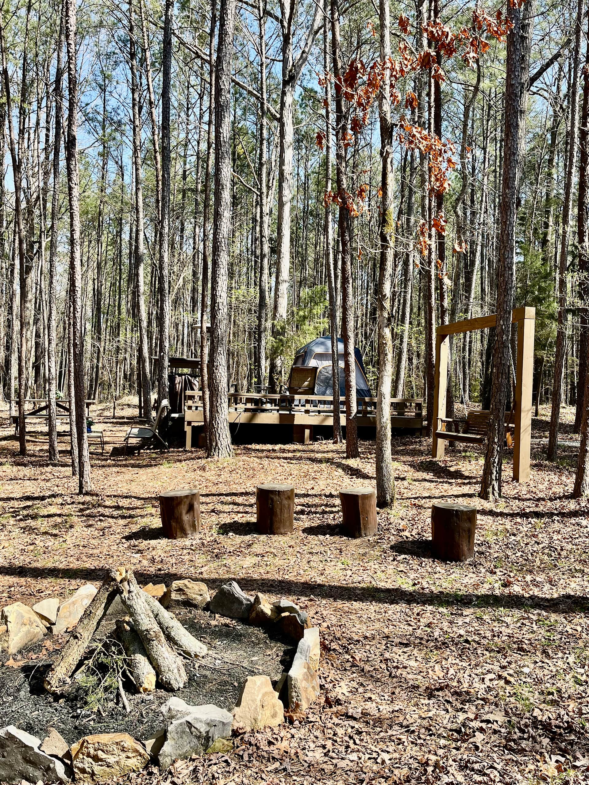 Fire pit, swing, tent platform 