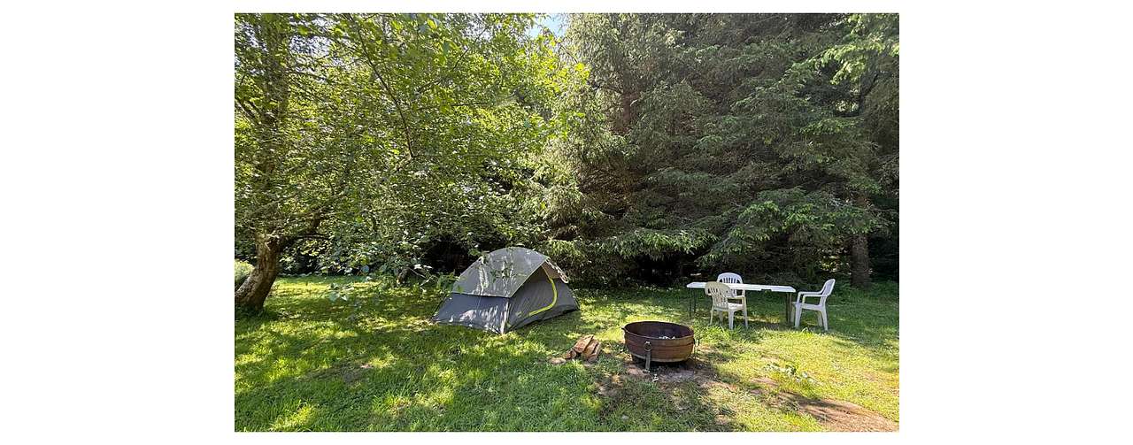 Forest Edge comes with a tent and an inflated queen-sized mattress. We recommend you bring your own bedding, but if that is not possible, we provide comforters and pillows. The fire pit (center) also has firestarters, a torch, and free firewood. 