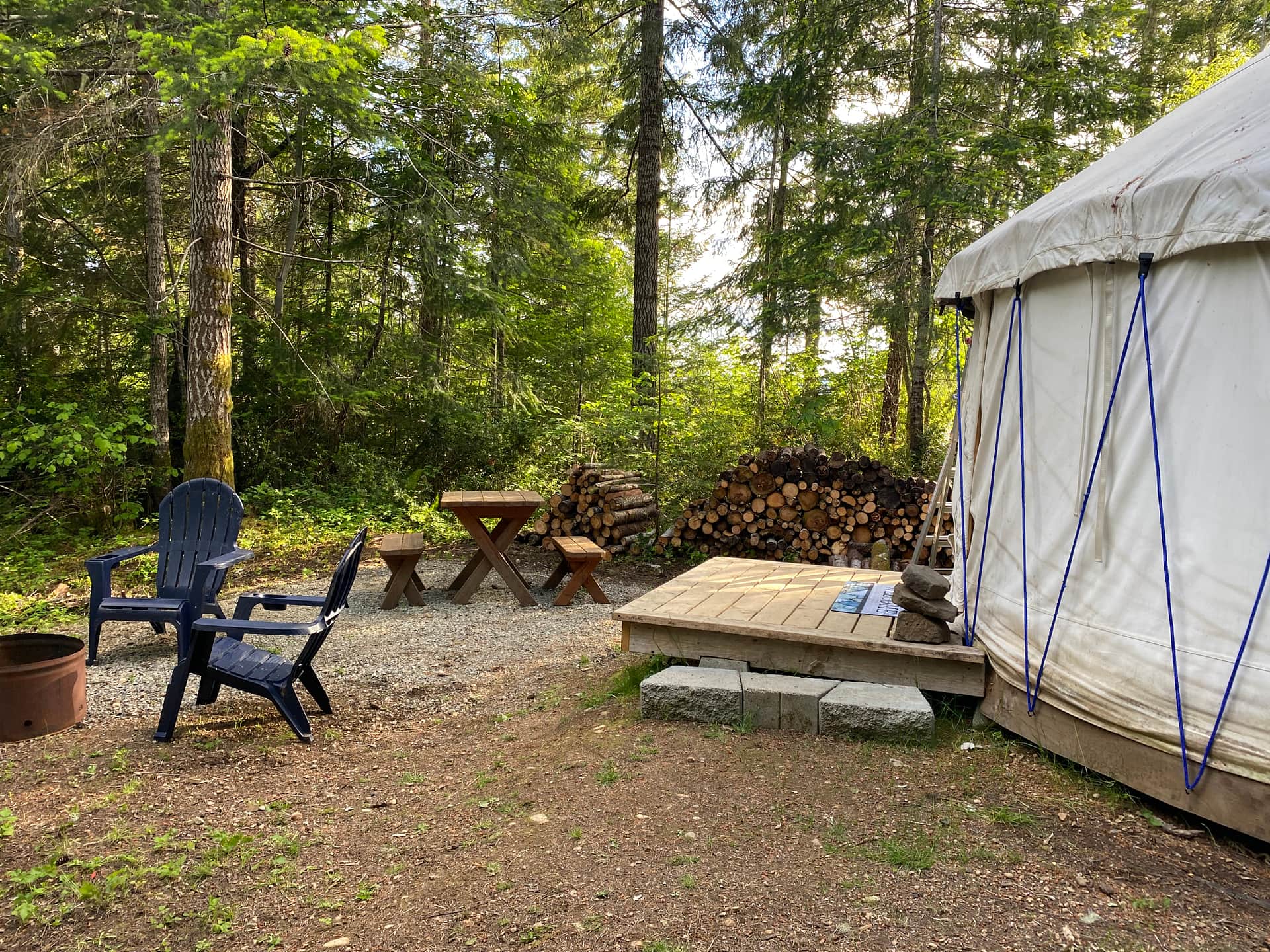 Our new 16ft yurt for a "glamping" experience is a gorgeous site and very remote on the top of a hill. It is also the farthest from the port-a-potty, which you will see on the right as you come in, it's painted like the forest, but is handicapped accessible.