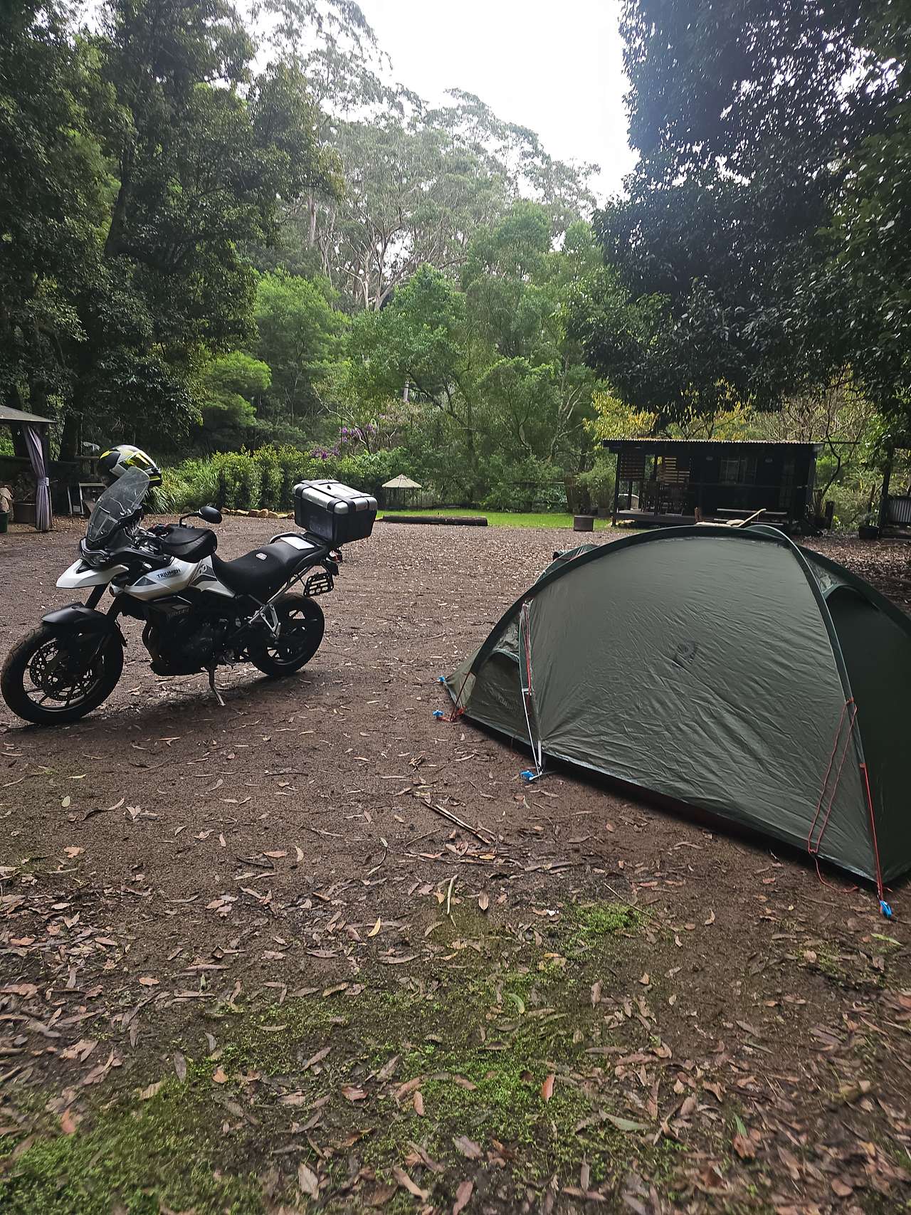 Motorcycle tent set up.