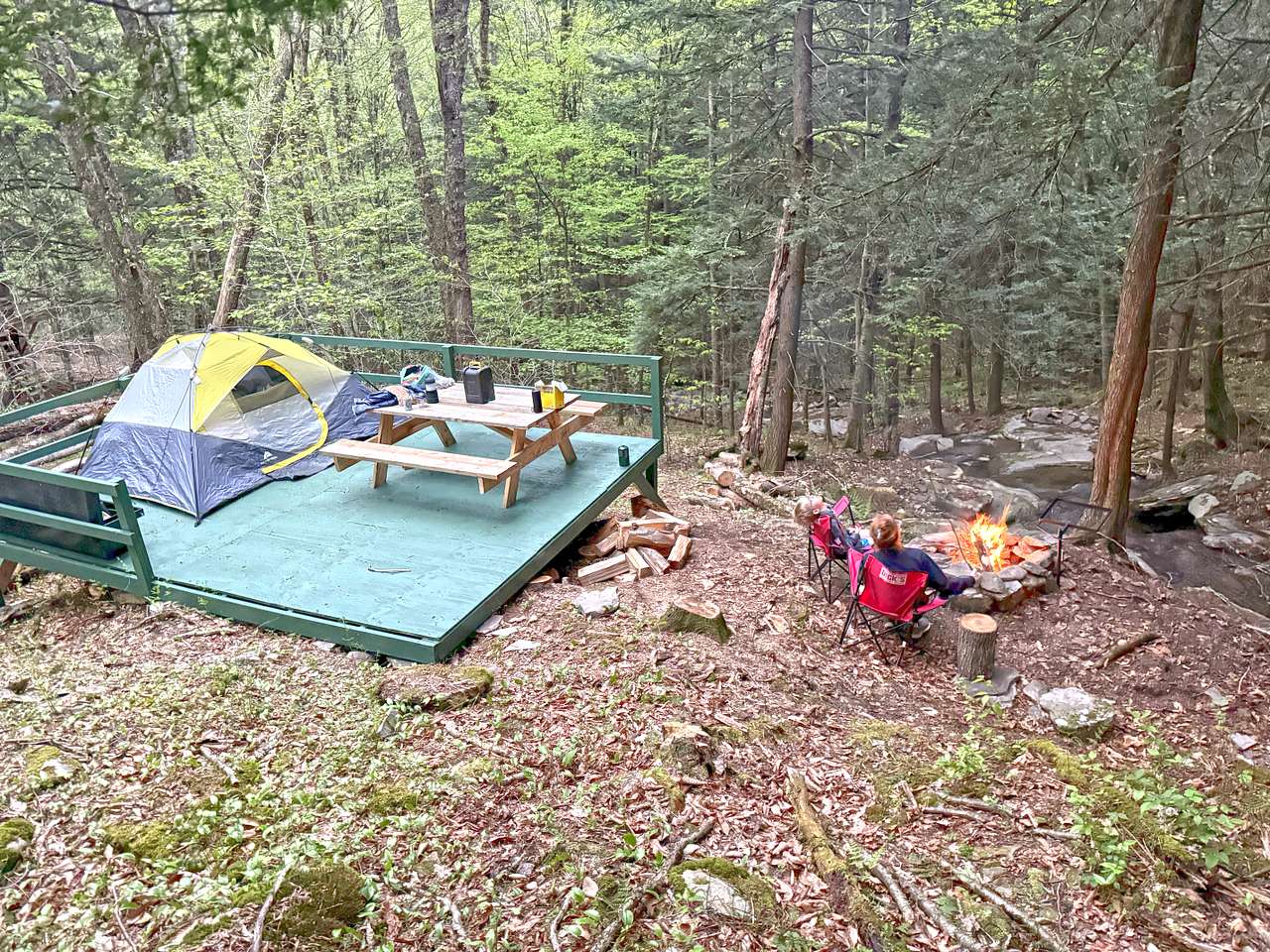 Site #2 is our newest site for 4 people (tent platform). Directly on the waterfall and urrounded by acres of soaring hemlocks.