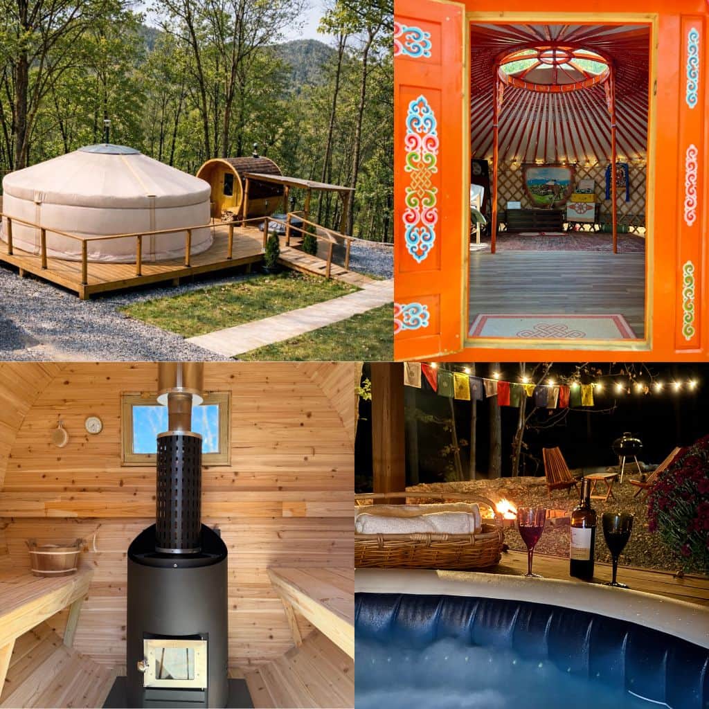 Romantic Authentic Nomadic Yurt with Sauna, Hot Tub on Private 8 acre Hill Top Surrounded by the rolling ridges of the Appalachian Mountains