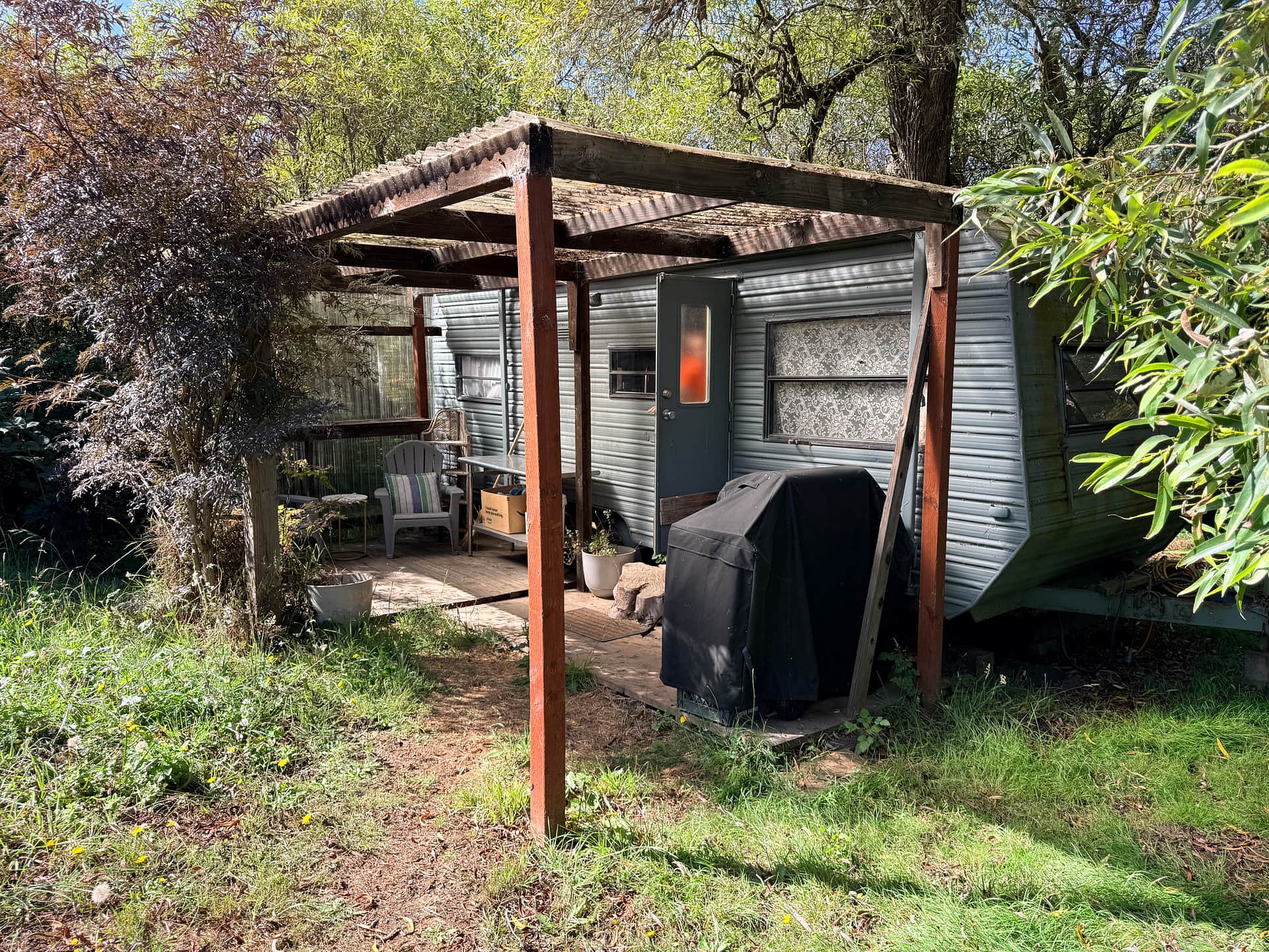 Camper, porch, and BBQ