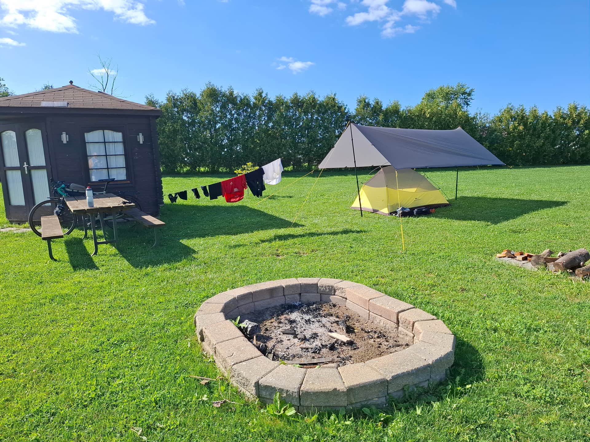View of the picnic table and Bunkie from the fire pit