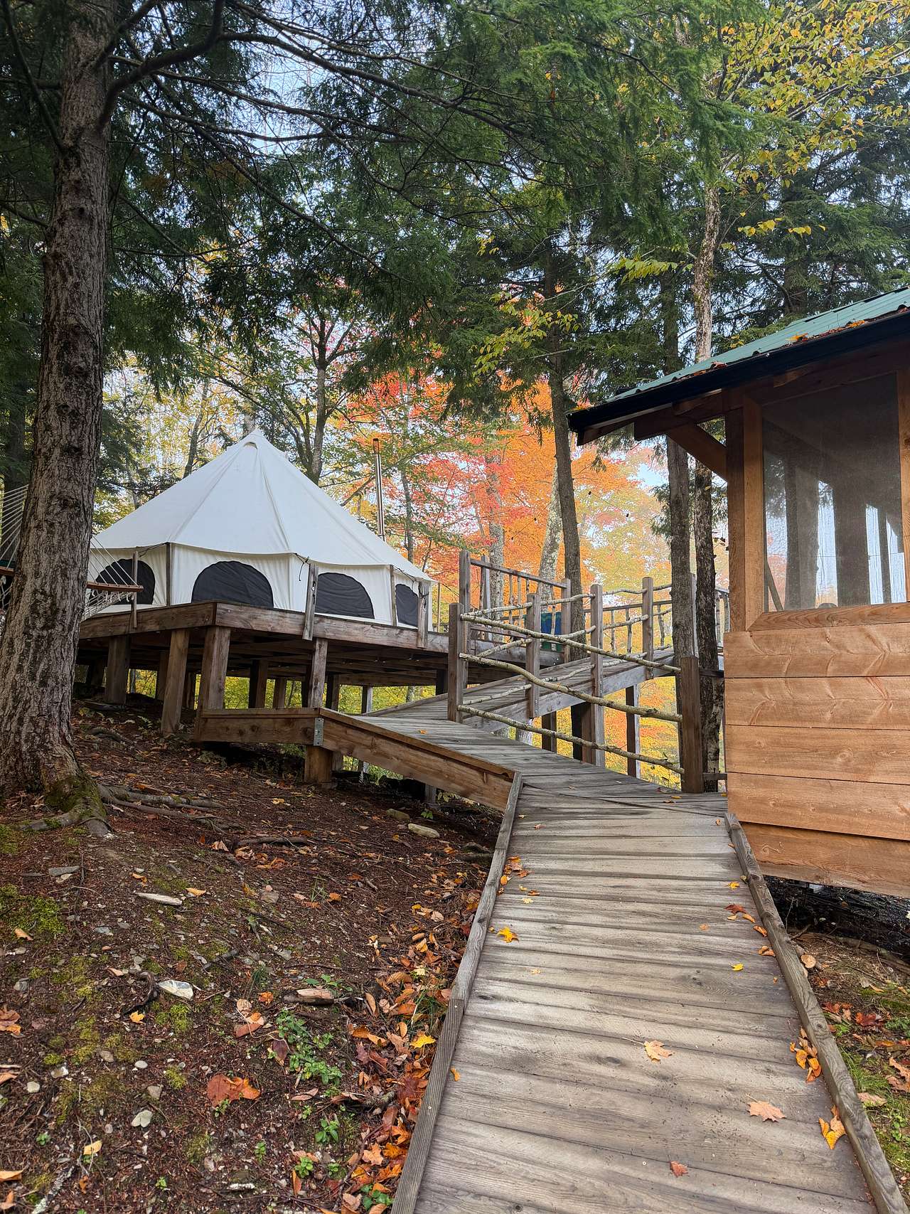 Walking up to the yurt and gazebo