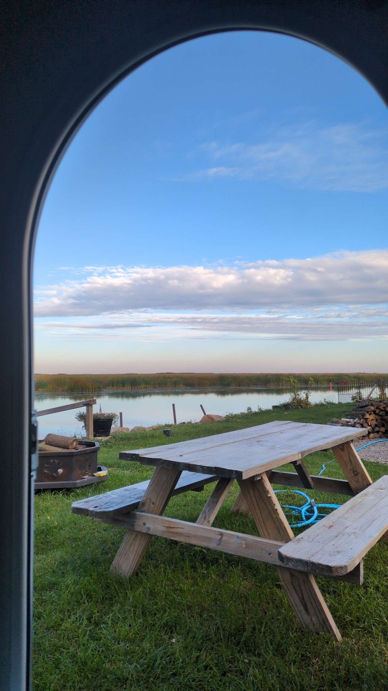 Looking out the entrance to our teardrop.