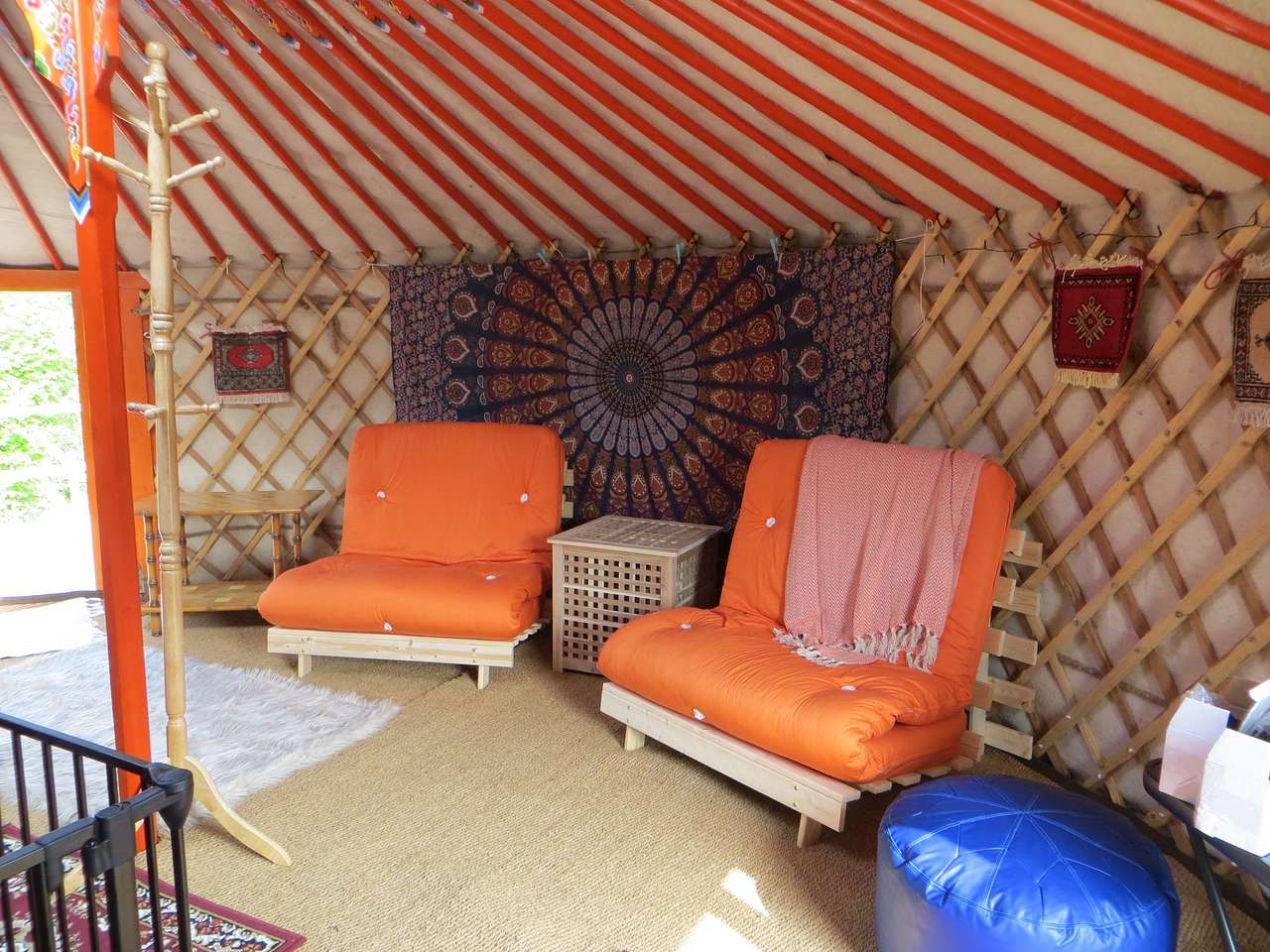 A pair of fully furnished, family-sized, glamping yurts on a working farm in Looe, Cornwall.