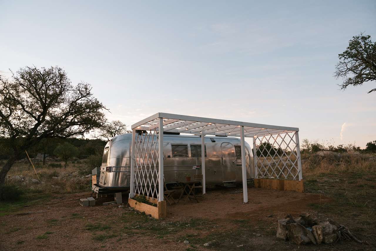 Airstream campground with firepit in the front
