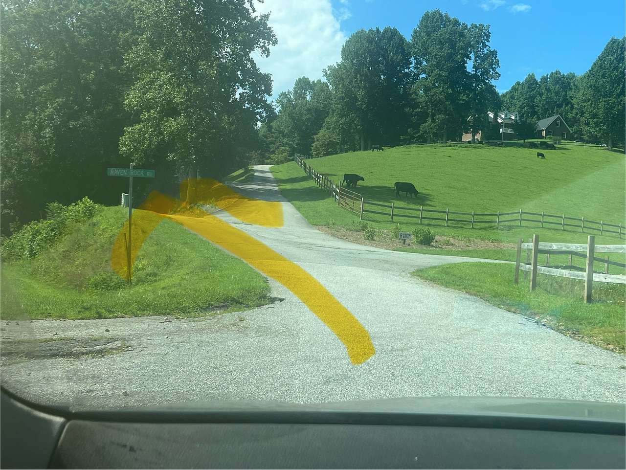 When you turn right on Raven Rock take the left driveway. The driveway is 1 mile gravel road. They are 3 houses on this road so drive so if you meet someone, someone will have to back up to a pull off. 