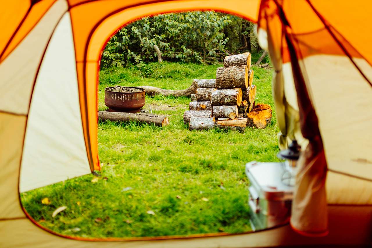 Inside the tent, looking out