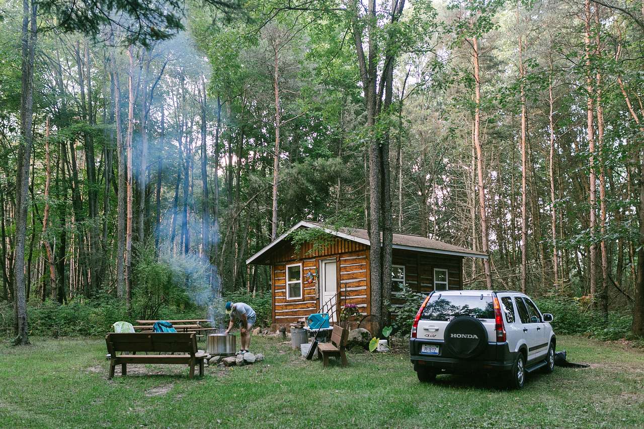 The serene setting of the Tucked Away cabin.