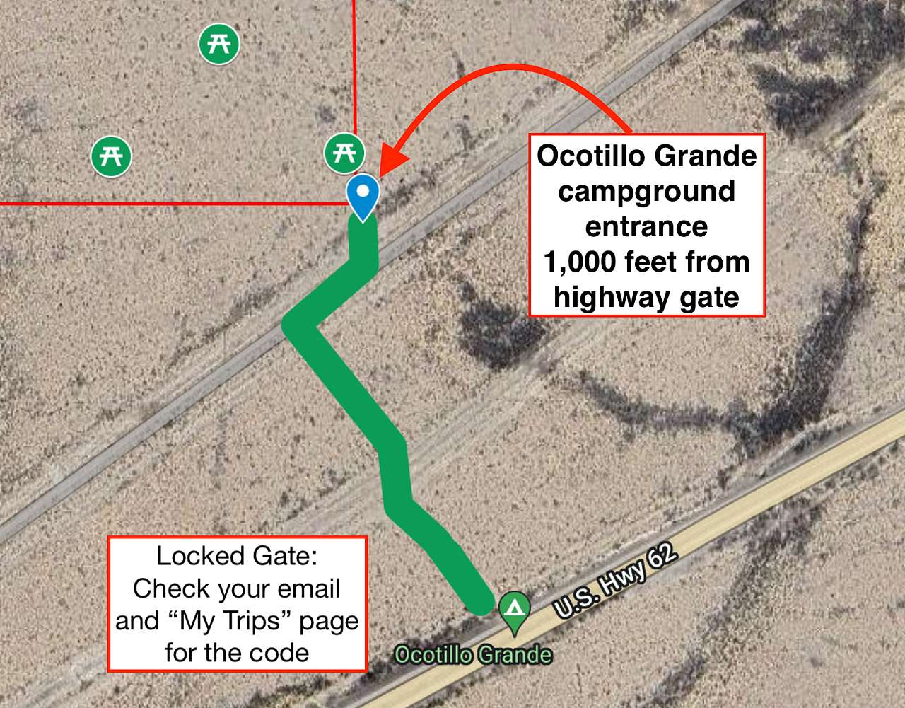 The entrance to Ocotillo Grande is about 1,000 feet from Highway 62/180. 