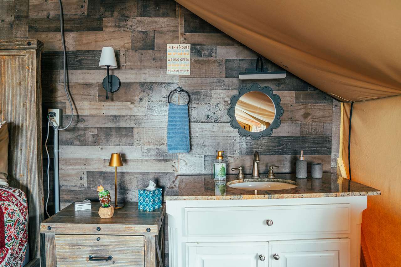 indoor sink area inside glamping tent 