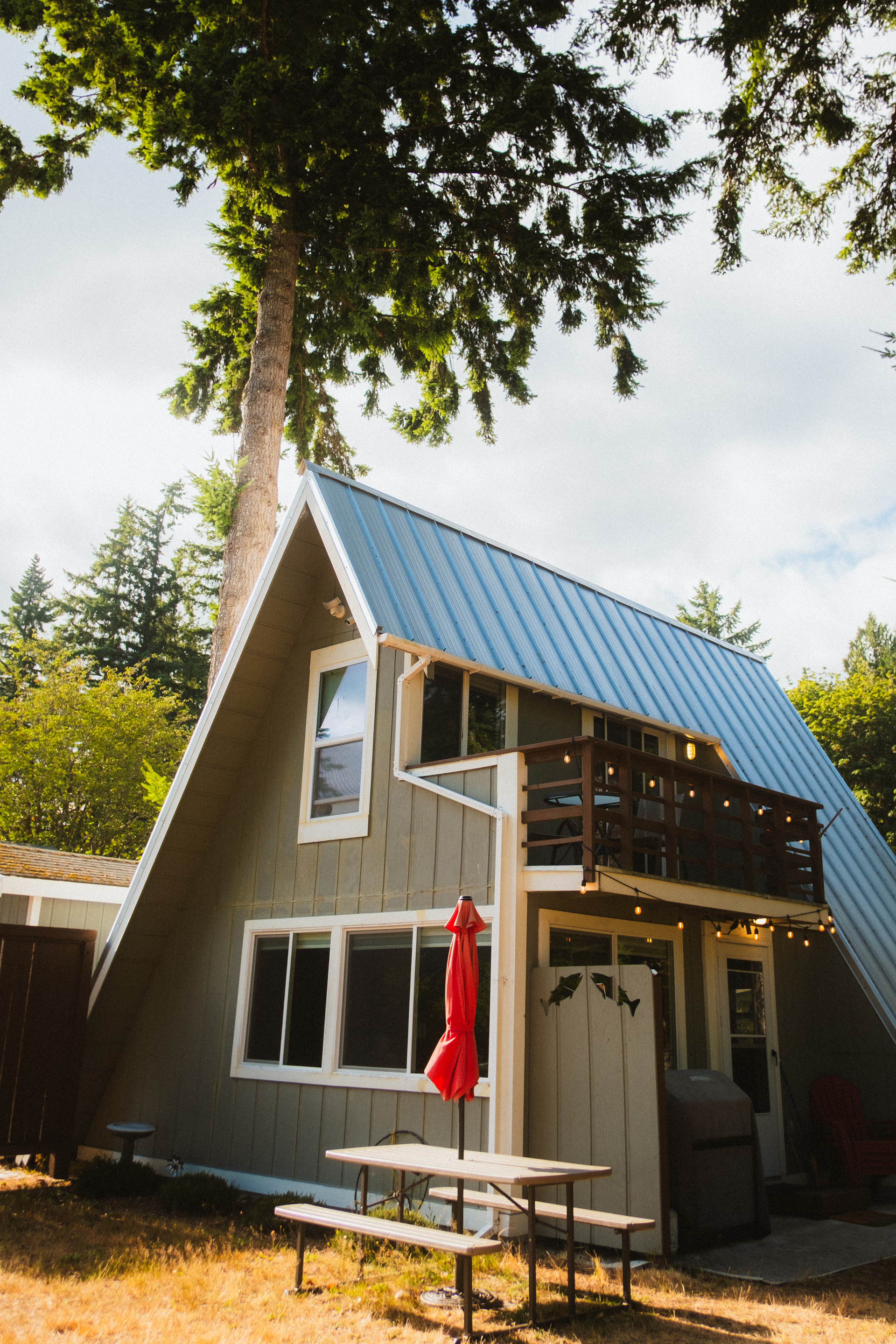 The front of the A-Frame cabin 