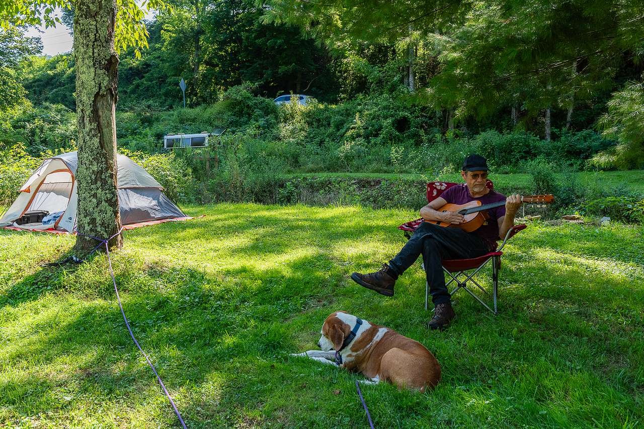 Louis and I take a break after setting up the tent