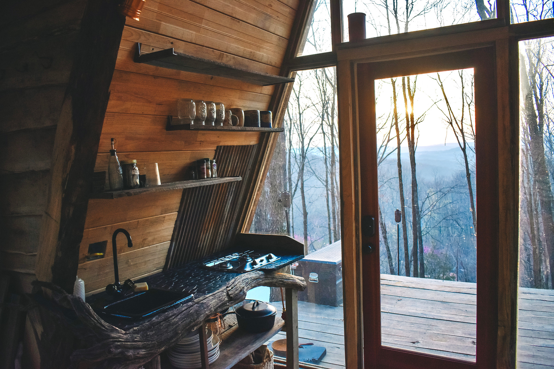 Kitchen with running cold water sink, 2-burner gas stove