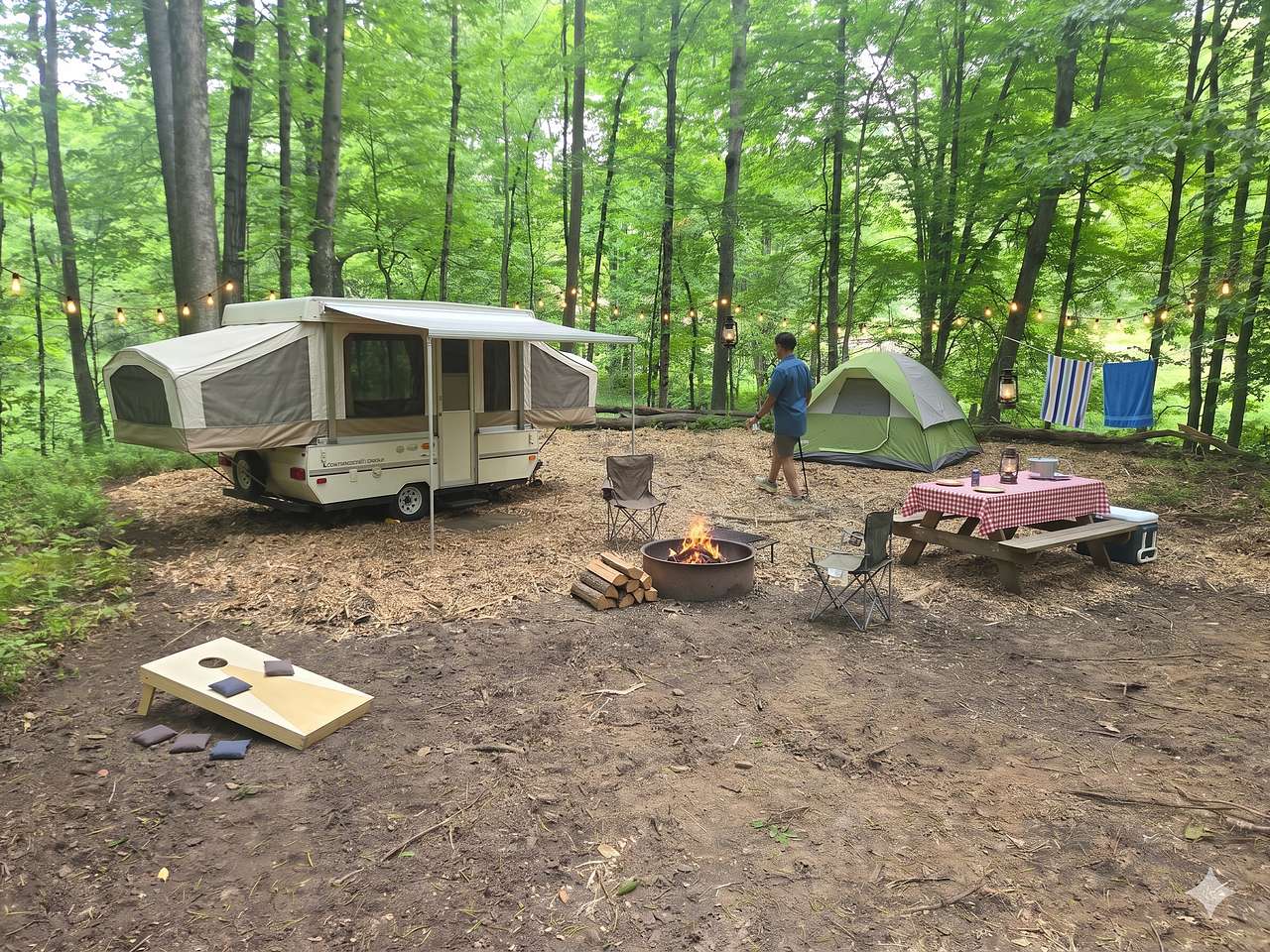 Site #5 Grouse Cove: Simulated setup. Plenty of room for a popup trailer, a few tents, games and gear. 