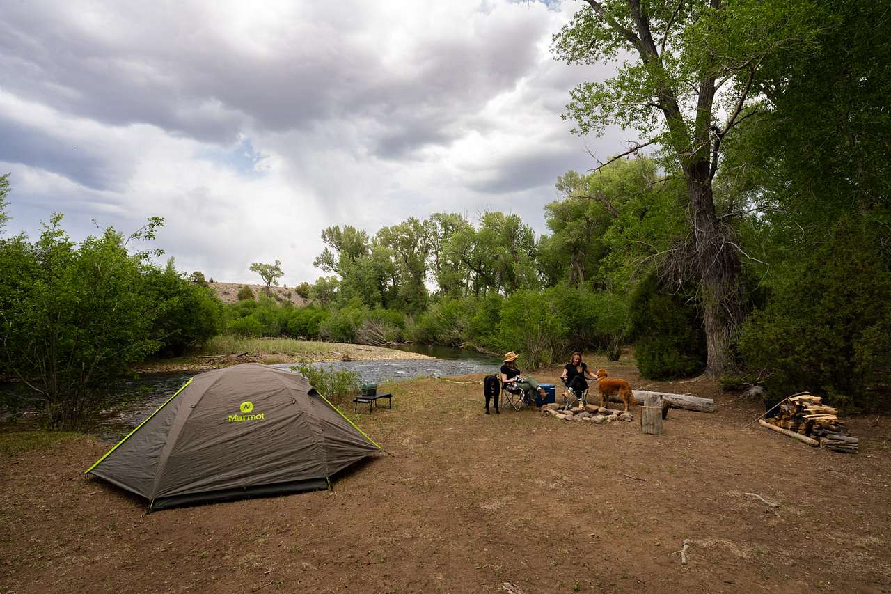 A wide of our riverside tent site.