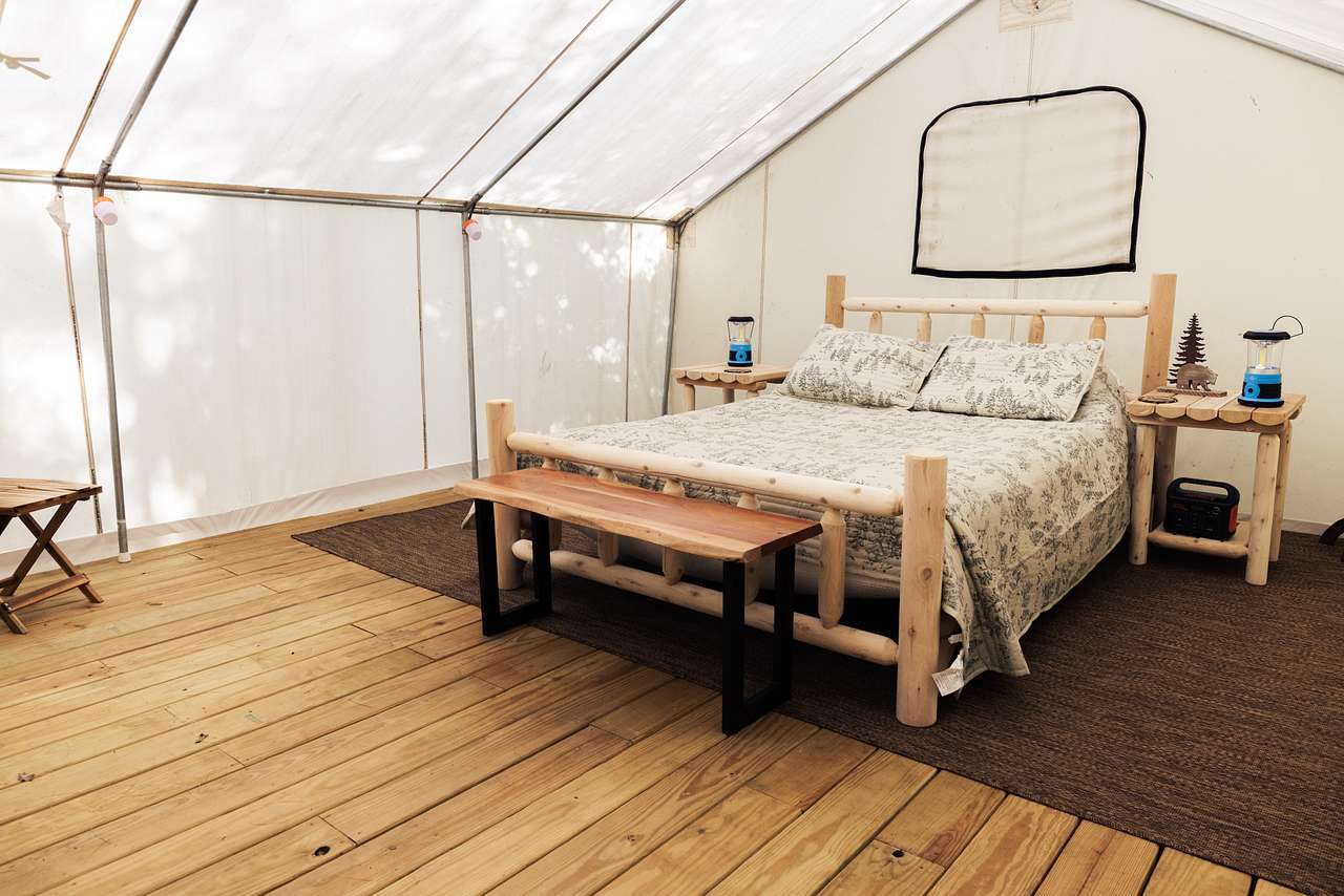 Interior of the second glamping tent behind the main tent