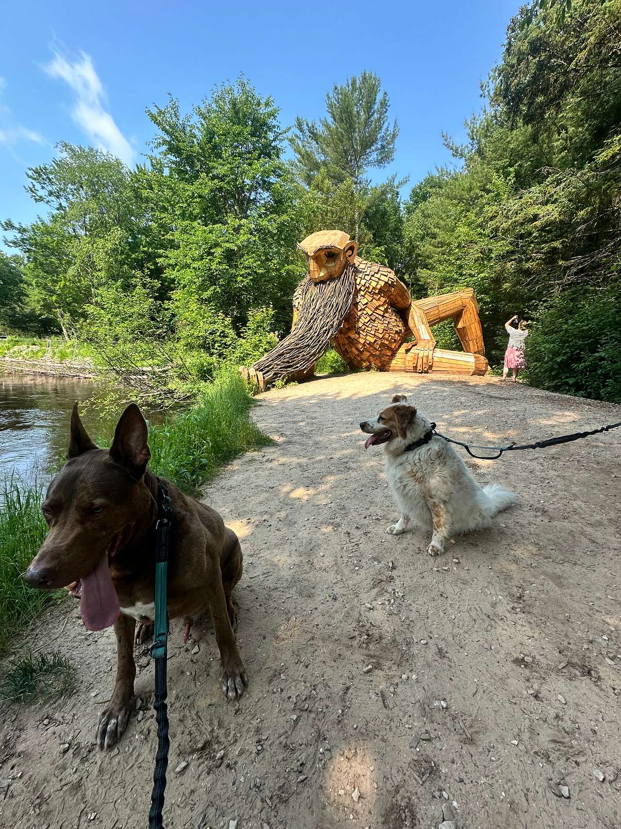 our dogs near the statue
