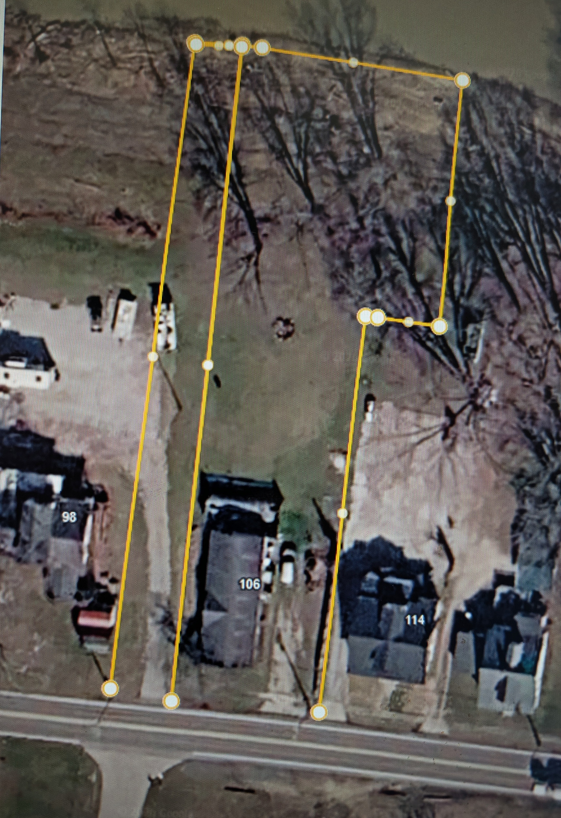 Property boundaries shown in yellow. You may use the drive on the left side of the pad (narrow yellow box, 20' wide) if works better for your outfit. If you need to turn around in the yard for easier placement on the pad that is also ok assuming it is not raining and soft. Property boundaries shown in yellow. You may use the drive on the left side of the pad (narrow yellow box, 20' wide) if works better for your outfit.