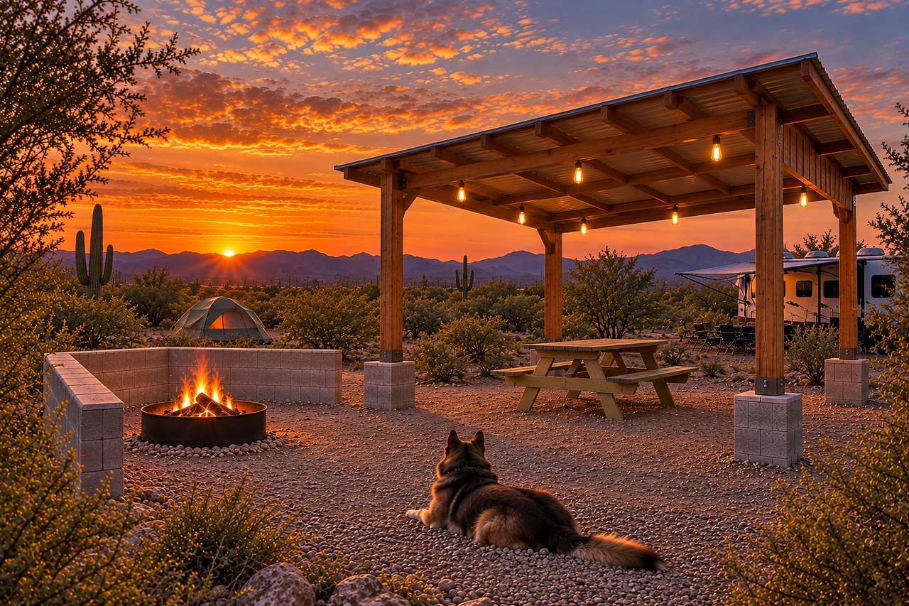 Settle in for a Sonoran Desert sunset at Iron Quail Ranch—campfire, mountain views, dark skies, and a quiet place to unwind.