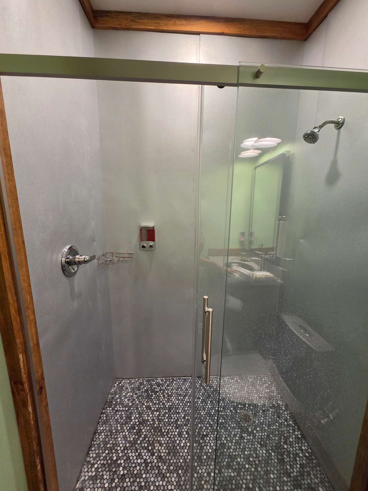 The shower with shampoo and soap. There are 2 bathrooms. Beautiful and well taken care of.