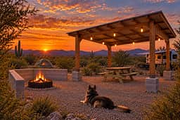 Settle in for a Sonoran Desert sunset at Iron Quail Ranch—campfire, mountain views, dark skies, and a quiet place to unwind.