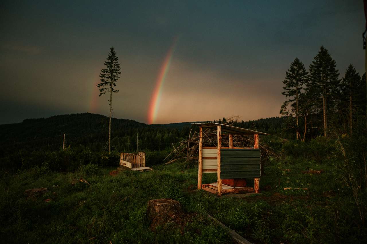 Sunrise + rainbows over the toilet with a view. 