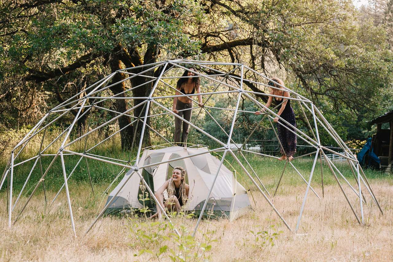 The Oak Knoll Camping area has a rad geodesic structure.  Obviously that was the best spot to set up a tent and then climb all over the dome. 