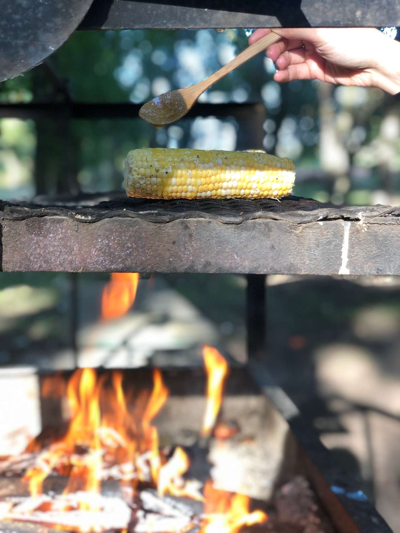 The campsite had a BBQ that was perfect for grilling up some corn
