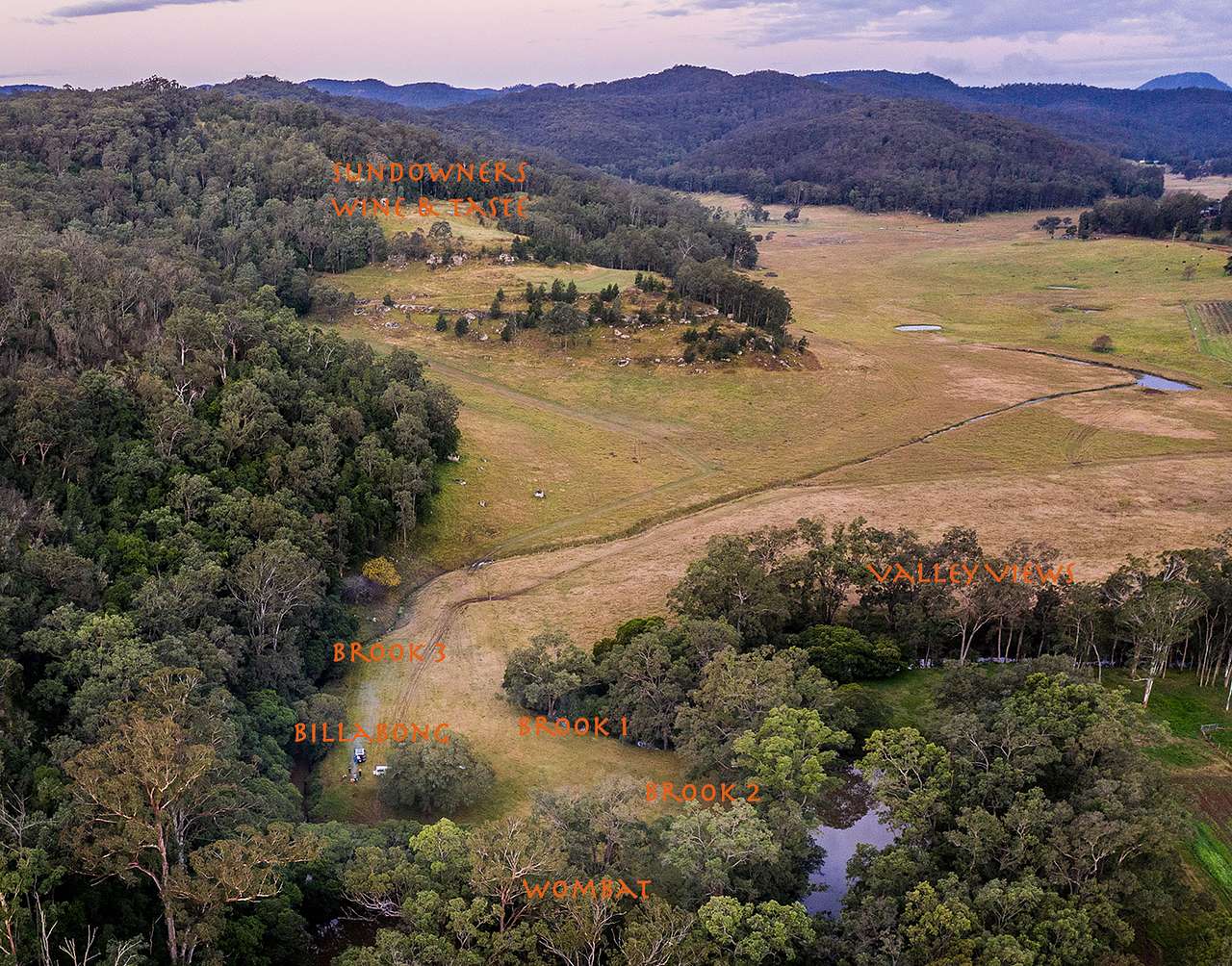 Milsons Camp - Campsite map. 
The Billabong.  
Wombat Waters.  
Brook 1, 2 and 3.  
Valley Views - dispersed. 