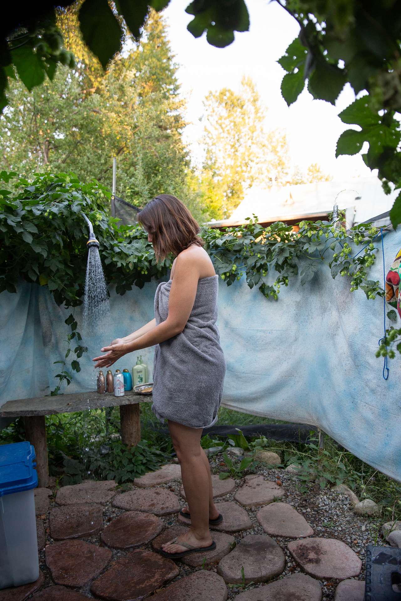 The outdoor solar shower was great! It is surrounded by fresh hops and has great pressure.