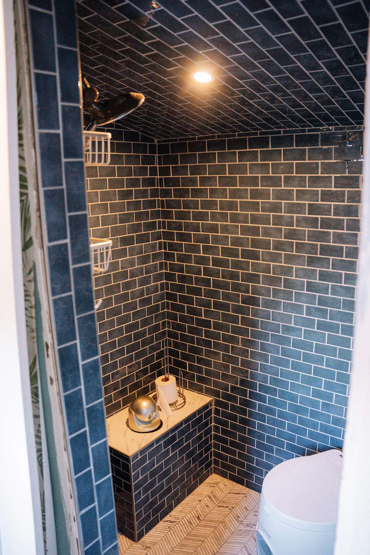 Spacious shower and bathroom. 