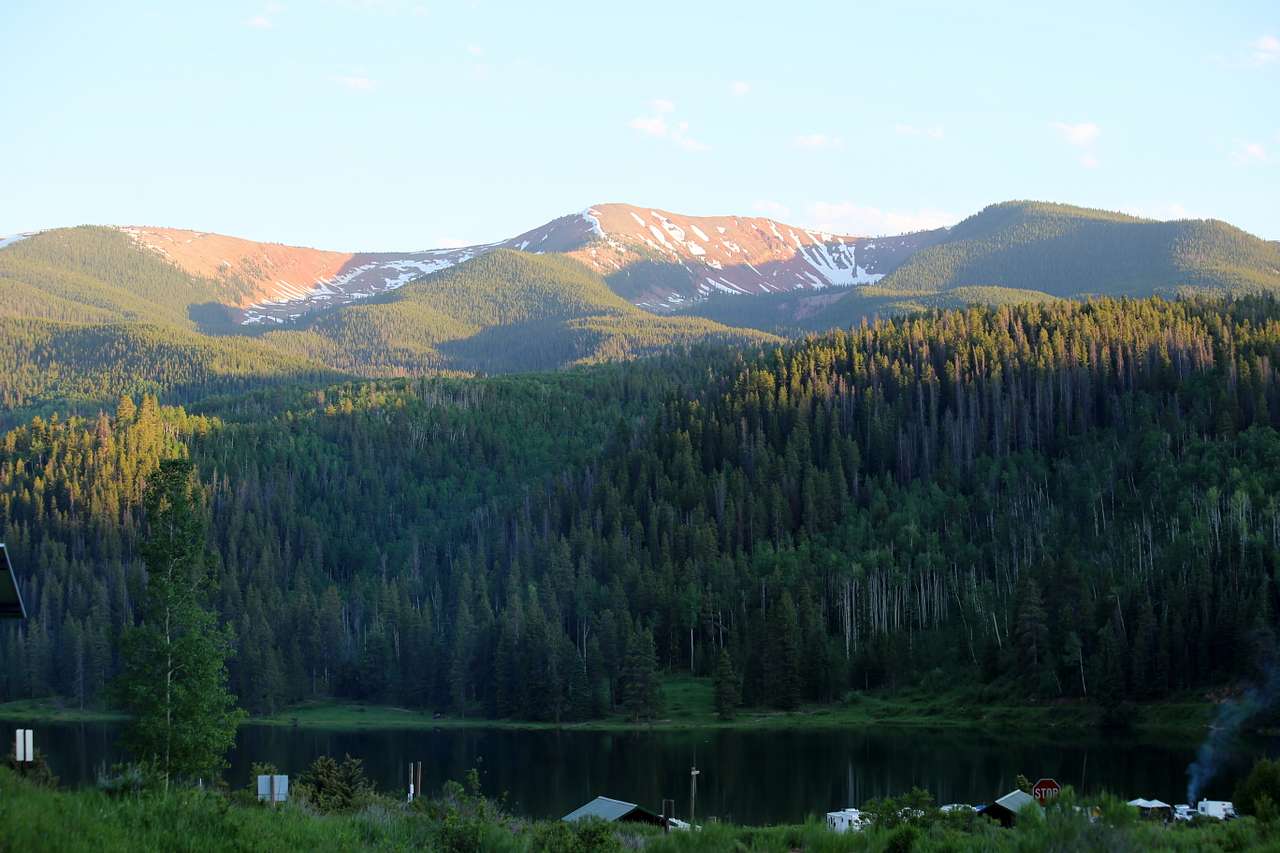 View from path that goes uphill near cabins